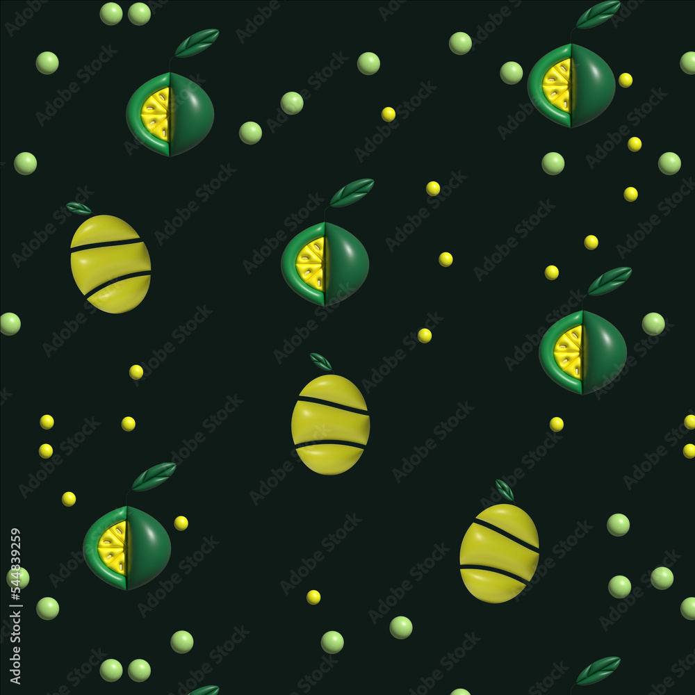 3d illustration with blowing effect. Pattern on a dark background. Fruit theme, images of limes and lemons. Bright colors, cheerful mood.
