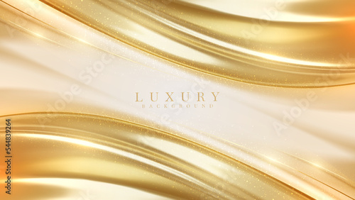 Luxury background with realistic 3d gold metallic liquid elements with glitter light effect and bokeh. Vector illustration.