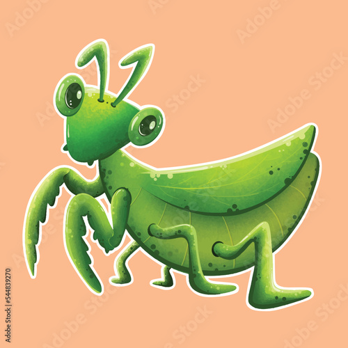Cute cartoon green mantis standing on two legs Hand
