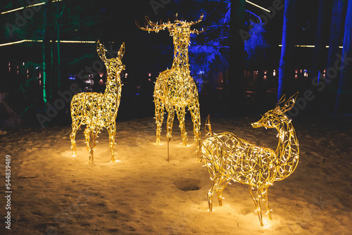 Glowing electric decorations in a winter snowy street, with night decor illumination, Christmas in Europe, with reindeer lamps made of light bulbs and wires, New Year house outdoor yard decoration photo