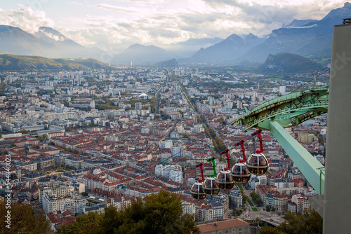 Grenoble France 11 2021 view of Grenoble from the heights of the Bastille, the city is known for its cable car which is nicknamed 