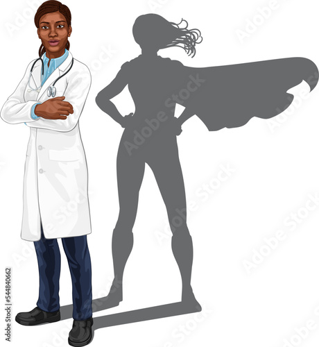 A super hero black woman female doctor medical healthcare health professional. Revealed to be a superhero by her shadow.