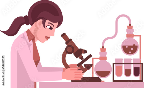 Scientist woman in lab coat at a work bench undertaking research using a microscope cartoon with test tubes and beakers