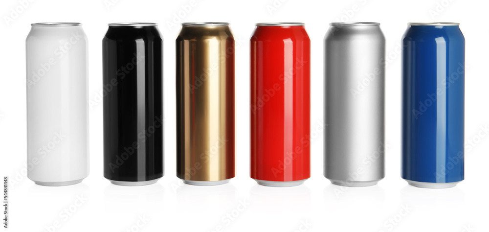 Set of aluminum cans with drinks on white background Set of aluminum cans with drinks on white background