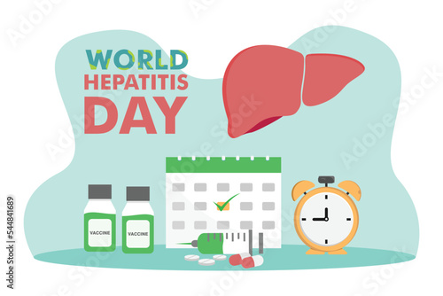 Vaccine of hepatitis virus with clock and calendar in world hepatitis day text background