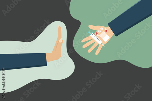 Refusing drugs vector concept: Hand of young man rejects cocaine when his friend offering drugs photo