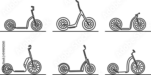 Set of simple flat design vector images of various types of kick scooters with big wheels drawn in art line style.