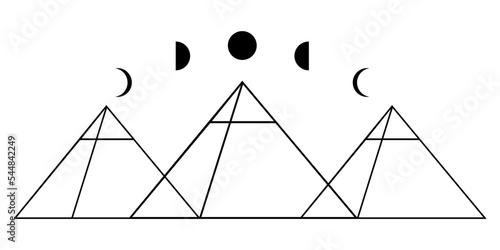Three egypt ancient pyramid of giza are egyptian pharaoh tomb traingle with curve moon different phases or lunar phase on white background outline vector design icon.