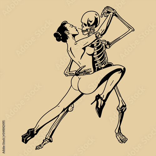 woman dancing with a skeleton.vector illustration.vintage style.template perfect for t shirt,greeting card,poster,banner,etc.modern typography design.