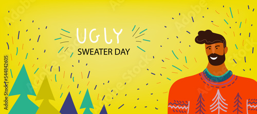 Christmas Jumper Day,National Ugly Christmas Sweater Day.Vector flat doodle cartoon banner