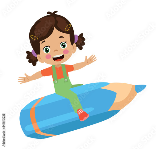 cute boy flying on pencil