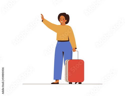 Happy woman with luggage waves her hand to someone. Female person rolls the suitcase in airport and meeting a friend. Girl going to travel on summer holiday. Vector illustration