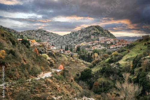 beautiful mountain village named Dimitsana at sunset, Peloponesse, Greece photo