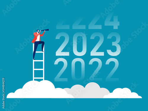 Business vision with binoculars for opportunities in spyglass on 4Q  of 2021,2022,2023,2024  the target futher