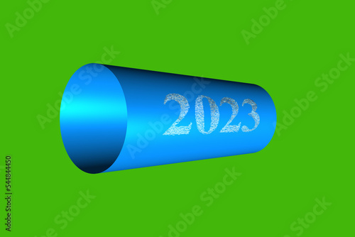 Número 2023 escrito en cilindro 3d con textura y brillo sobre fondo verde