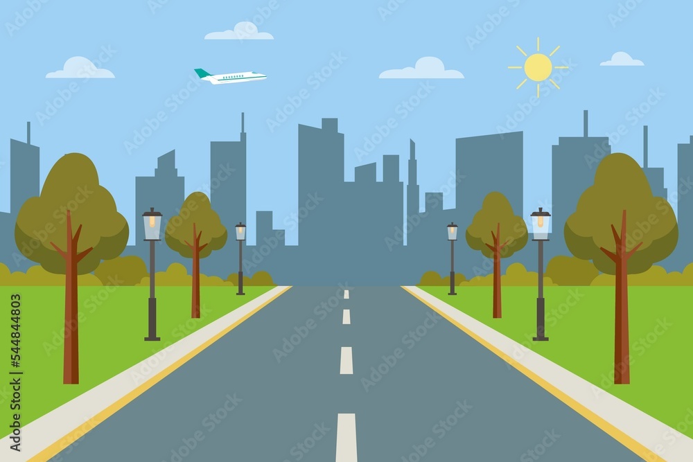 Road to the city with silhouette of buildings