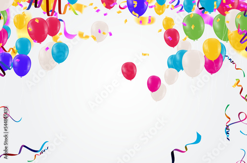 Realistic balloon background for party Happy New Year poster 2023. and helium ballon on ribbon, glitter bright balloons, confetti and   background. Vector illustration.