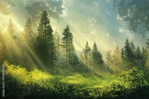 Beautiful magical forest fabulous trees. Forest landscape, sun rays illuminate the leaves and branches of trees. Magical summer forest. Illustration