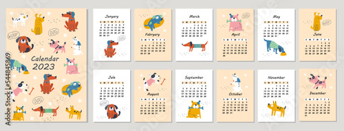 Calendar 2023 with hand drawn cute dogs. Vector