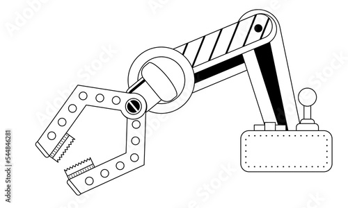 thin line Robotic Claw and machine control on a white background. Outline stroke Grip robotic claw in factory. Cartoon concept Vector illustration of the claw game device.