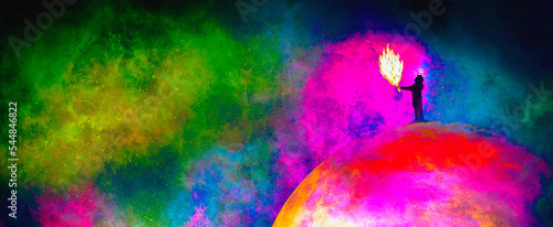colorful galaxy with man and  light,fire  abstract hope ,concept background