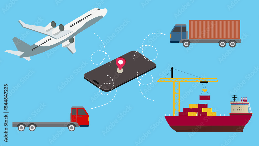 hipping transportation Container truc, ship port for business Logistics, transportation of Container Cargo ship, Cargo plane via online shipping 