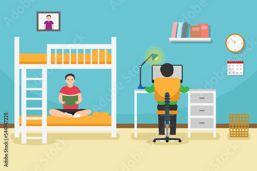 Two teenagers studying together in dormitory
