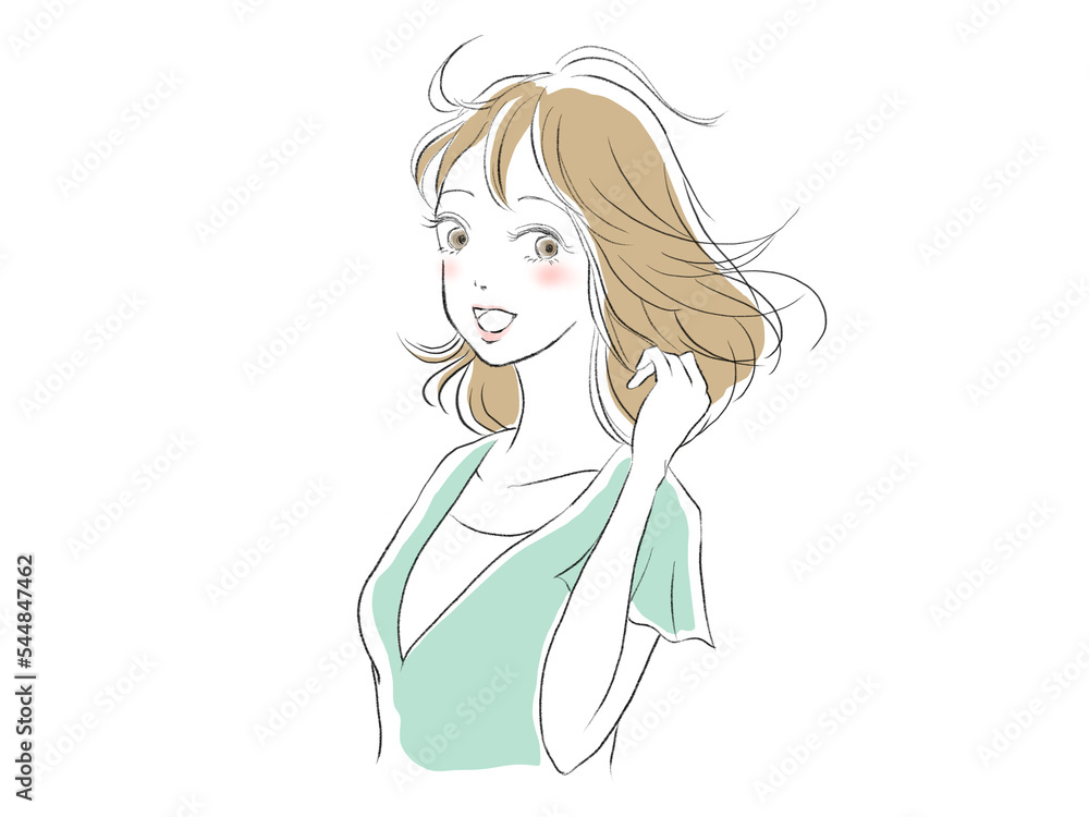 髪がたなびくセミロングの女性のイラスト