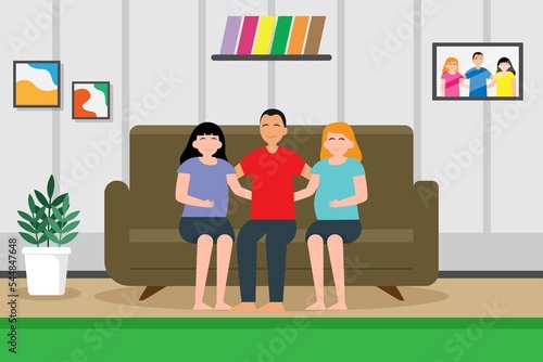 Young husband sitting with his two wives on sofa