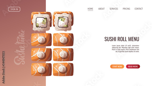 Web page design with Sushi rolls. Japanese food, healthy eating, cooking, menu, nutrition concept. Vector illustration. Banner, website, advertising. 