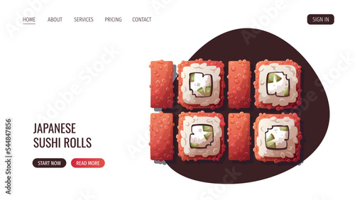 Web page design with Sushi rolls. Japanese food, healthy eating, cooking, menu, nutrition concept. Vector illustration. Banner, website, advertising. 