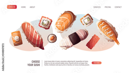 Variety of Sushi and sushi rolls. Japanese food, healthy eating, cooking, menu, nutrition concept. Vector illustration. Banner, website, advertising. 