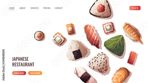 Mix of onigiri and variety of Sushi. Japanese food, healthy eating, cooking, menu, nutrition concept. Vector illustration. Banner, website, advertising. 