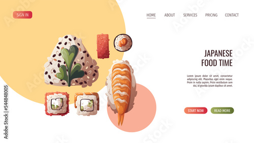 Mix of onigiri and variety of Sushi. Japanese food, healthy eating, cooking, menu, nutrition concept. Vector illustration. Banner, website, advertising. 