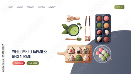 Web page design with colorful Sweet Mochi, dango, matcha tea. Japanese food, healthy eating, cooking, menu, sweet food, dessert concept. Vector illustration. Banner, website, advertising. 