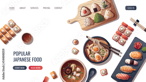Web page design with Sushi, Miso soup, ramen, onigiri. Japanese food, healthy eating, cooking, menu concept. Vector illustration. Banner, website, advertising.