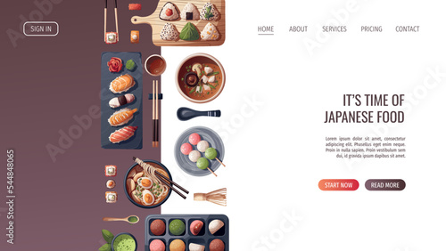 Web page design with Sushi, Miso soup, ramen, onigiri, dango, mochi, matcha tea. Japanese food, healthy eating, cooking, menu concept. Vector illustration. Banner, website, advertising.