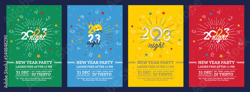 2023 colorful set of Happy New Year posters. Abstract design typography logo 2023 for vector celebration and season decoration, backgrounds, branding, banner, cover, card and or social media template.