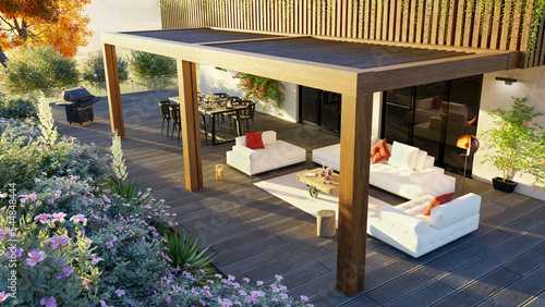 3d top view render of luxury private patio with teak wood pergola