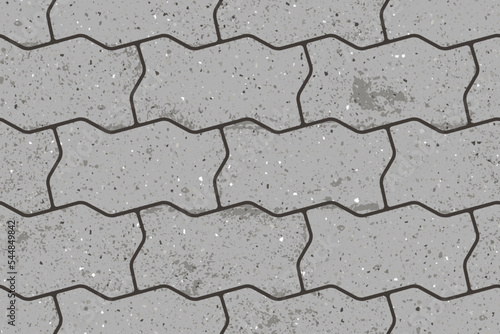 Seamless pattern of pavement with figured interlocking textured concrete bricks. Vector pathway texture top view. Outdoor concrete slab sidewalk. Cobblestone footpath or patio. Block floor