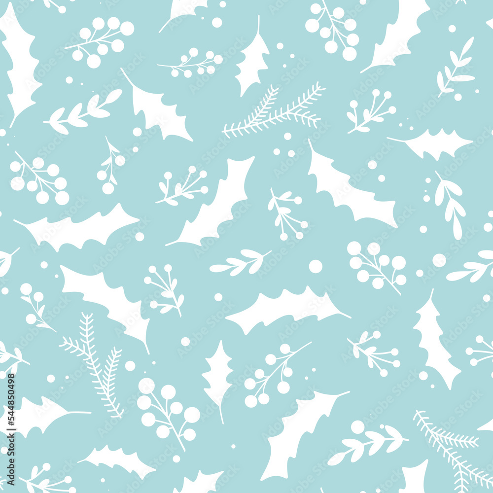 Delicate blue Christmas seamless pattern. White silhouette sprig leaves and berries. Festive Christmas background. Print for design textiles, paper, packaging, wallpaper vector illustration