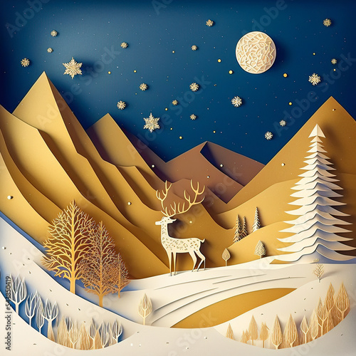Christmas realistic papercut 3D background wallpaper with reindeer and christmas tree, glowing at night with blue sky full of stars