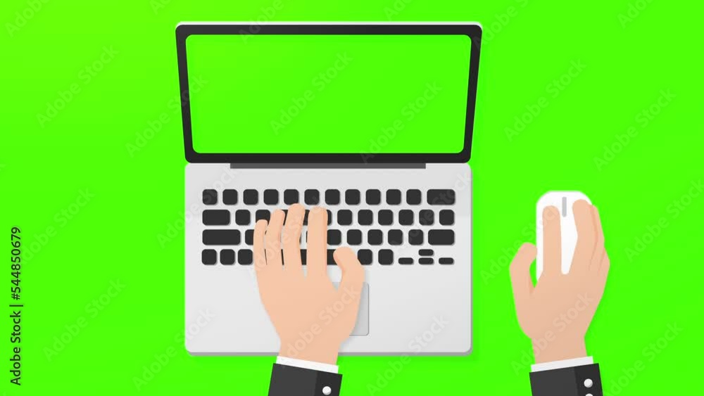 Graphic Businessman working on laptop keyboard pushing keys click mouse and phone on desk. on green screen. Office desk concept. on green screen Graphic Businessman working on laptop keyboard pushing keys click mouse and phone on desk. on green screen. Office desk concept. on green screen