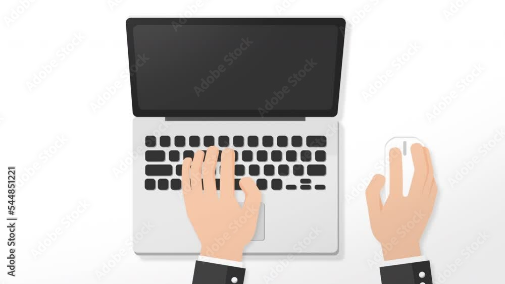 Graphic Businessman working on laptop keyboard pushing keys click mouse on desk. black background on the screen. Office desk concept. Flat style Graphic Businessman working on laptop keyboard pushing keys click mouse on desk. black background on the screen. Office desk concept. Flat style