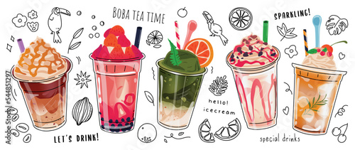 Bubble milk tea Special Promotions design, Boba milk tea, Pearl milk tea, Yummy drinks, coffees, sparkling soft drinks with logo and doodle style advertisement banner, poster. Vector illustration.