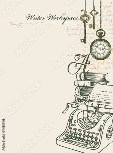 Vector banner on a writers theme with sketches and place for text. Writer workspace. Vintage illustration with hand-drawn typewriter, books, vintage clock, keys and unreadable handwritten notes