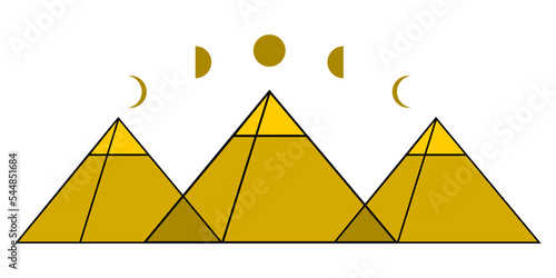 Three yellow egypt ancient pyramid of giza are egyptian pharaoh tomb traingle with curve moon different phases or lunar phase on white background vector design icon.