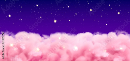 Pink clouds night background. Vector realistic dreamy sky with stars. Above the clouds in dark heaven, web banner template of dawn or dusk