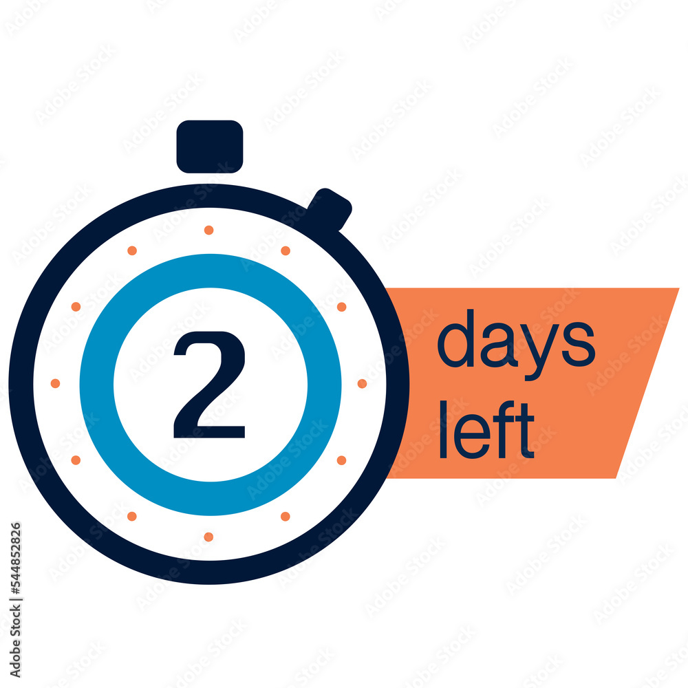 2 days left label with alarm clock, promotion icon. 2 days left label with alarm clock, promotion icon.