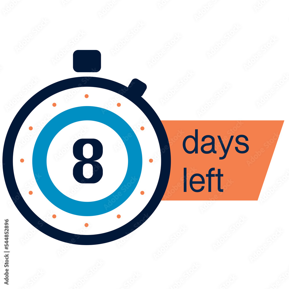 8 eight days left label with alarm clock, promotion icon. 8 eight days left label with alarm clock, promotion icon.